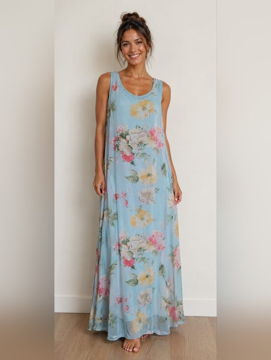 Together Dresses & Skirts - Together Womens Sleeveless Blue Floral Sheer Maxi Dress Size 12 Lined Beach EUC